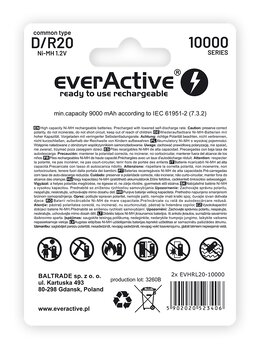 2 x everActive R20/D Ni-MH 10000 mAh rechargeable batteries ready to use