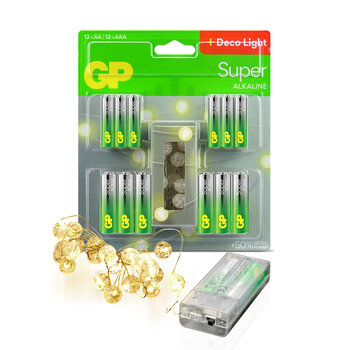 24 x Batteries: 12 x AA / LR6, 12 x AAA / LR03 GP Super Alkaline + 2m LED Chain 24 x Batteries: 12 x AA / LR6, 12 x AAA / LR03 GP Super Alkaline + 2m LED Chain