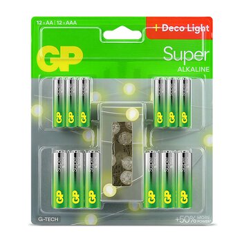 24 x Batteries: 12 x AA / LR6, 12 x AAA / LR03 GP Super Alkaline + 2m LED Chain 24 x Batteries: 12 x AA / LR6, 12 x AAA / LR03 GP Super Alkaline + 2m LED Chain
