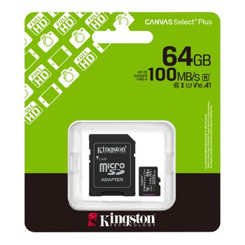 Kingston 64GB Canvas Select Plus 100MB/s UHS-I U1 class 10 V10 A1 microSD Memory Card (microSDXC) + adapter