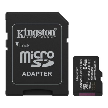 Kingston 64GB Canvas Select Plus 100MB/s UHS-I U1 class 10 V10 A1 microSD Memory Card (microSDXC) + adapter