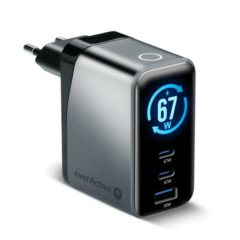 Ładowarka sieciowa everActive GaN LCD SC-670Q PRO z gniazdem USB oraz 2x USB-C PD PPS QC4+ 67W Ładowarka sieciowa everActive GaN LCD SC-670Q PRO z gniazdem USB oraz 2x USB-C PD PPS QC4+ 67W