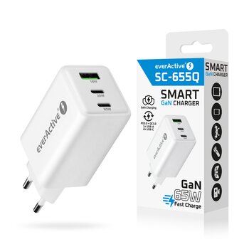 everActive GaN SC-655Q wall charger with USB socket and 2x USB-C PD PPS QC4+ 65W everActive GaN SC-655Q wall charger with USB socket and 2x USB-C PD PPS QC4+ 65W