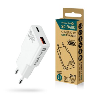 Сетевое зарядное устройство everActive GaN SUPER SLIM SC-340Q с разъемом USB QC3.0 и USB-C PD 20W Сетевое зарядное устройство everActive GaN SUPER SLIM SC-340Q с разъемом USB QC3.0 и USB-C PD 20W