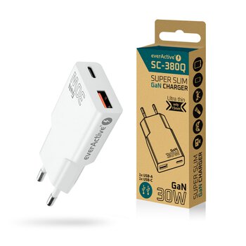Cargador de red everActive GaN SUPER SLIM SC-380Q con puerto USB QC3.0 y USB-C PD 30W Cargador de red everActive GaN SUPER SLIM SC-380Q con puerto USB QC3.0 y USB-C PD 30W