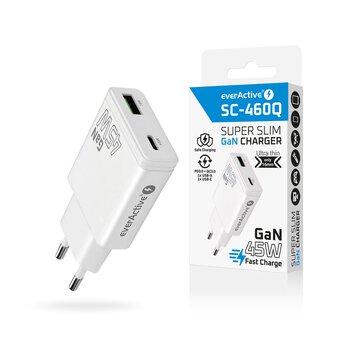 everActive GaN SUPER SLIM SC-460Q wall charger with USB QC3.0 and USB-C PD 45W socket