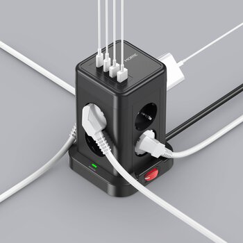 MORRE M413 12in1 Tower Power Strip, 8 Slots, 2x USB-C 15W, 2x USB-A 12W, 2m