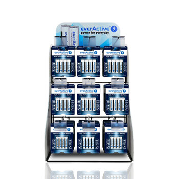 Zestaw baterii everActive Pro Alkaline 960szt LR6, 480szt LR03 + Ekspozytor / stojak everActive 9 haków 