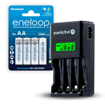 KIT everActive NC-450 Black Edition Ni-MH Battery Charger + 4x Panasonic Eneloop 2000mAh AA / R6 Rechargeable Batteries