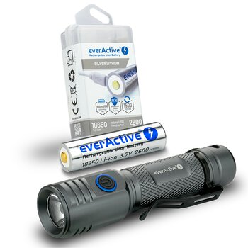 SET everActive LED Flashlight FL-2000R Buddy + everActive 18650 3.7V Li-ion 2600mAh micro USB Battery